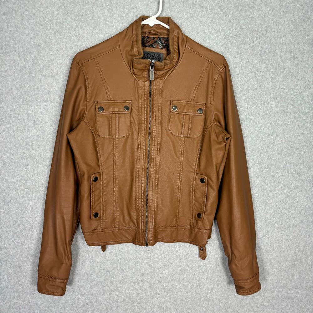 YMI Jackets Womens XL Camel Faux Leather Moto Bomber Biker Snaps Buckles READ